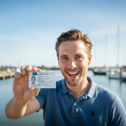 Man met vaarbewijs pas in hand.