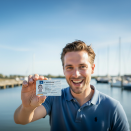 Man met vaarbewijs pas in hand.