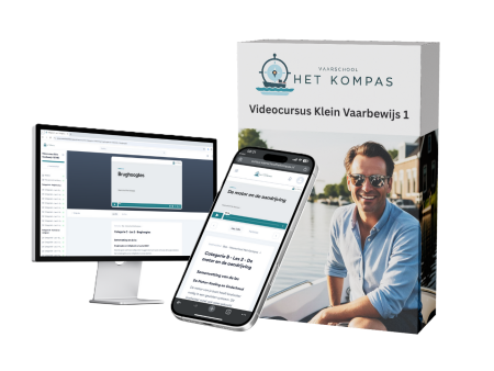 Computer en telefoon met cursus inhoud van vaarbewijs 1 met een doos daarnaast.