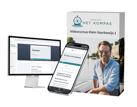 Videocursus Klein Vaarbewijs 1 met examenvragen Computer en telefoon met cursus inhoud van vaarbewijs 1 met een doos daarnaast.