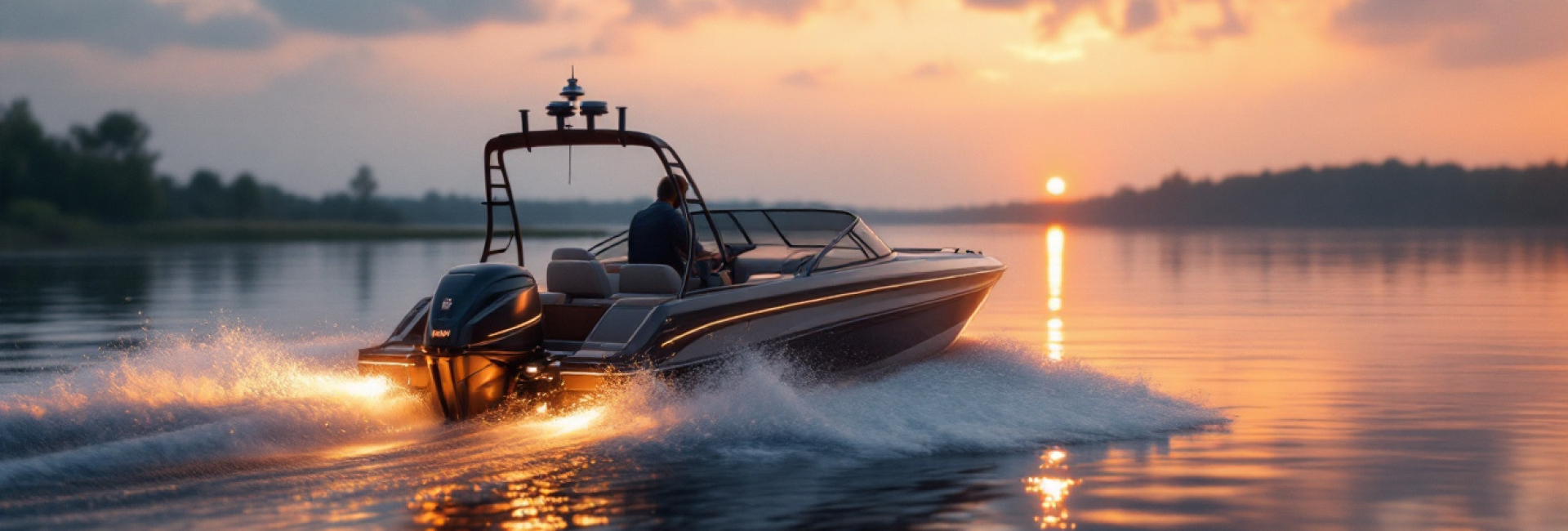 Speedboot over water met zonsondergang Van achteren gezien vaart de speedboot door de rivier, met een mooie zonsondergang op de achtergrond.