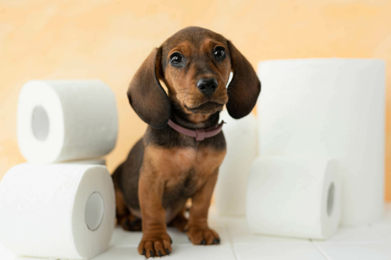 puppy zindelijkheidstraining banner foto puppy tussen wc papier
