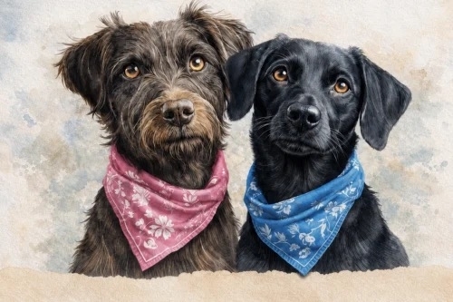 DuoHond: twee honden samen trainen Watercolorportret van twee honden met een roze en blauwe halsdoek voor de cursus DuoHond.