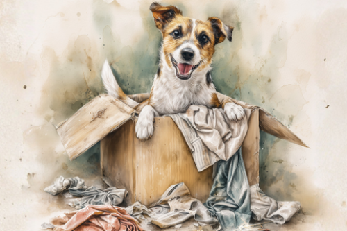 spelende hond met een doos