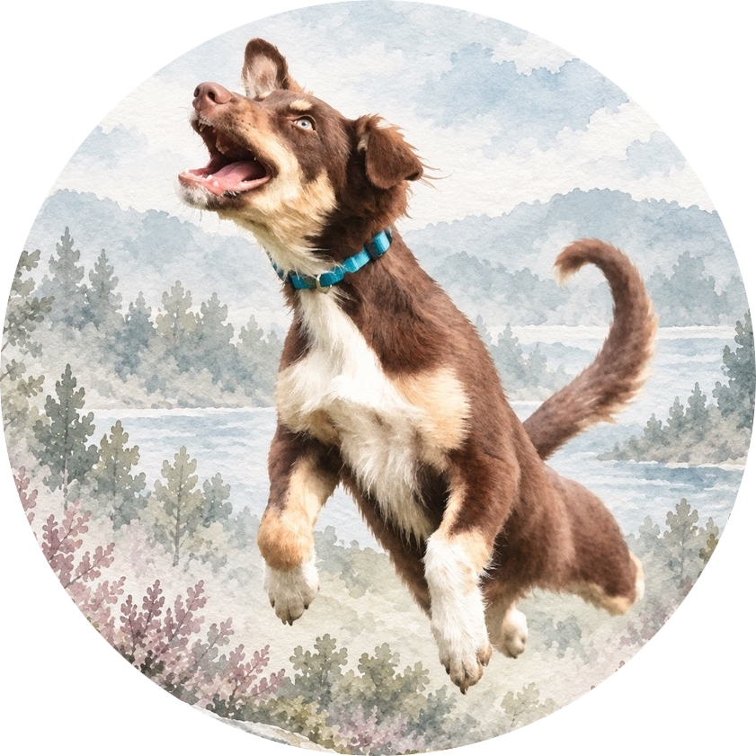 FunBundel hond met blauw halsbandje Aquarelillustratie van een vrolijke bruin-witte hond met een blauw halsbandje die opspringt.