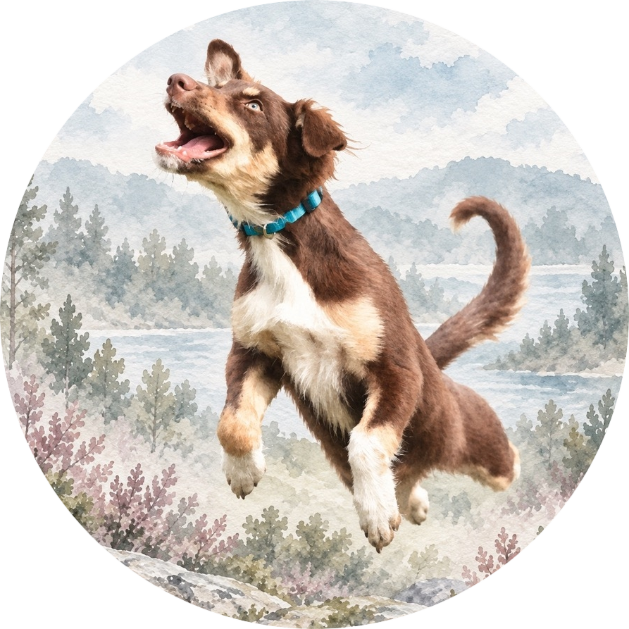 FunBundel hond met blauw halsbandje Aquarelillustratie van een vrolijke bruin-witte hond met een blauw halsbandje die opspringt.