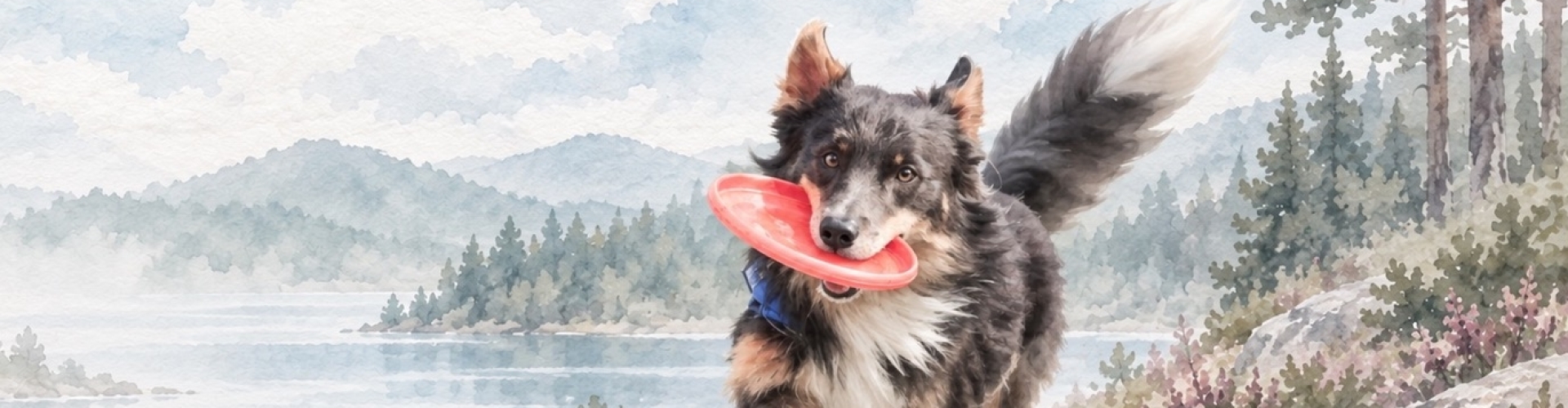 Aquarelillustratie van een enthousiaste hond met een roze frisbee in een zacht natuurgebied.