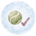 Aquarelicoontje van een hondenbal met vinkje.