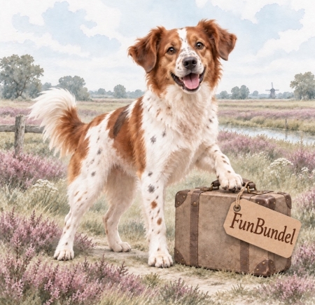 Aquarelillustratie van een vrolijke gevlekte hond met één poot op een koffertje met het label FunBundel.
