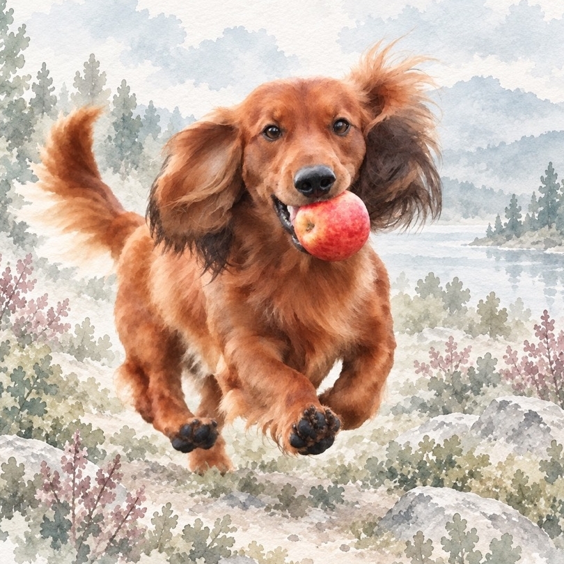 FunBundel teckel met appel Aquarelillustratie van een vrolijke teckel die met een appel in zijn bek rent.
