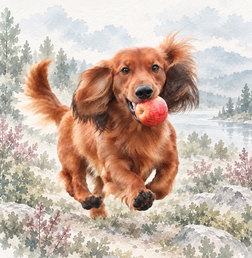 FunBundel teckel met appel Aquarelillustratie van een vrolijke teckel die met een appel in zijn bek rent.
