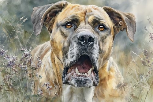 Aquarelillustratie van een hond met open bek tussen bloemen