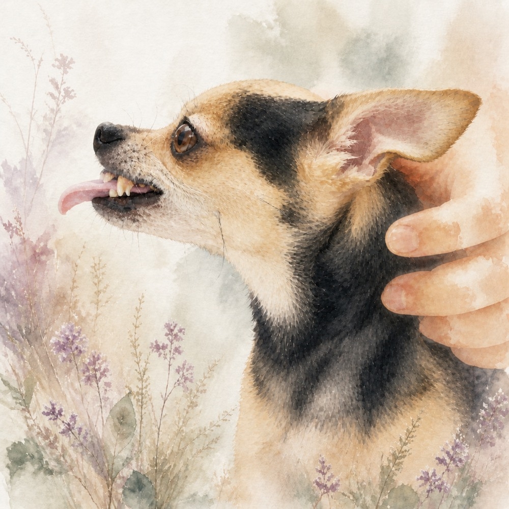 Illustratie van een kleine hond die tanden laat zien terwijl hij wordt vastgehouden