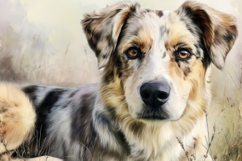 Liggende hond kijkt rustig in de camera