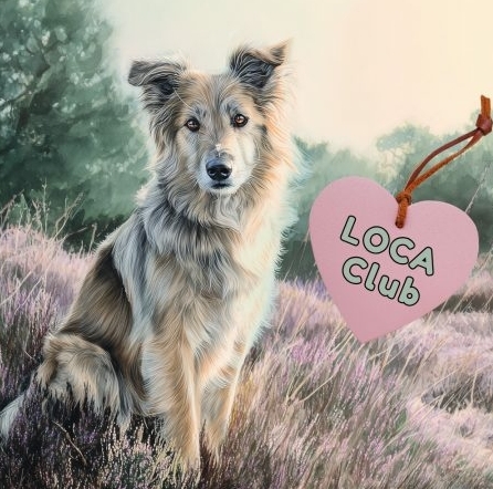 Getekende hond op de heide met een LOCA Club-hanger