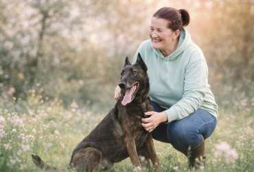 minna in een veld met hond