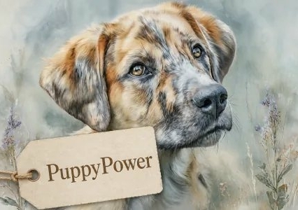 Puppy met een label waarop PuppyPower staat