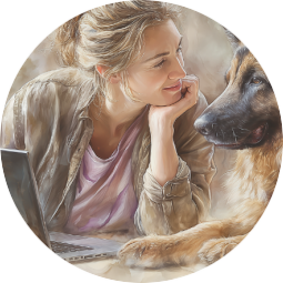 Persoonlijke online hondentraining bij LOCA Watercolorillustratie van een vrouw met laptop en haar hond bij persoonlijke online begeleiding van LOCA.