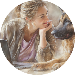 Persoonlijke online hondentraining bij LOCA Watercolorillustratie van een vrouw met laptop en haar hond bij persoonlijke online begeleiding van LOCA.