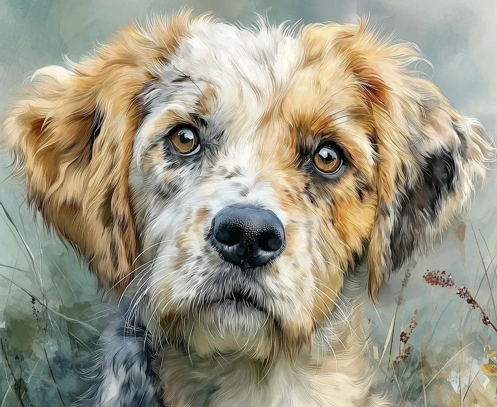 Samenwerken met je puppy Aquarel van een jonge puppy bij de online puppycursus PuppyPower