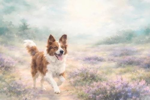 Recall training hond: HIERRR Watercolortekening van een hond die door de heide rent voor de recall training HIERRR.