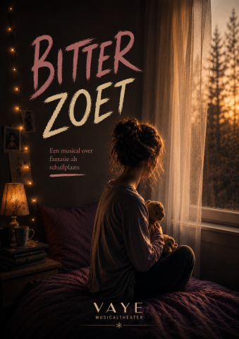 BitterZoet – musical over fantasie als schuilplaats | VAYE Musicaltheater Poster van de musical “BitterZoet” van VAYE Musicaltheater met een meisje dat bij zonsondergang uit het raam kijkt terwijl ze een knuffel vasthoudt
