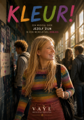 KLEUR! – musical over jezelf zijn in een wereld vol hokjes | VAYE Musicaltheater Poster van de musical “KLEUR!” van VAYE Musicaltheater met een glimlachend meisje in kleurrijke kleding op een middelbare school