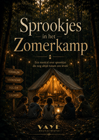 Vaye productie Sprookjes in het Zomerkamp Poster van de musical “Sprookjes in het Zomerkamp” van VAYE Musicaltheater met kinderen rond een verlichte tent in een sprookjesachtig bos tijdens de avondschemering