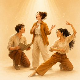 Illustratie van drie jongeren in een musicaltheaterscène met zang, spel, beweging en een scriptboek, in warme gouden tinten en een decoratieve omlijsting.