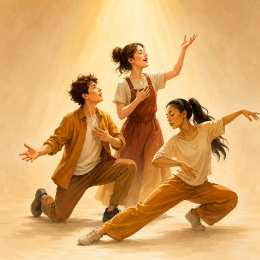 Illustratie van drie jongeren in een musicalsetting met spel, zang en beweging, in warme tinten en een sierlijke omlijsting.