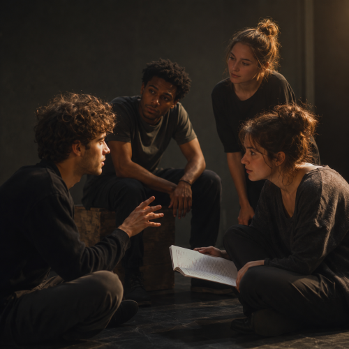 Educatie en talentontwikkeling met jonge makers – VAYE Een kleine groep jonge makers bespreekt een script tijdens een musicalworkshop in warm theaterlicht.