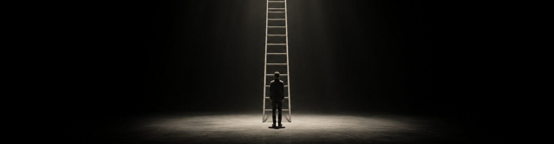 Endeloze ladder in theaterlicht – VAYE Een persoon staat onder een hoge, endeloze ladder in een donkere theatrale ruimte, verlicht door een sterke lichtbundel van boven.