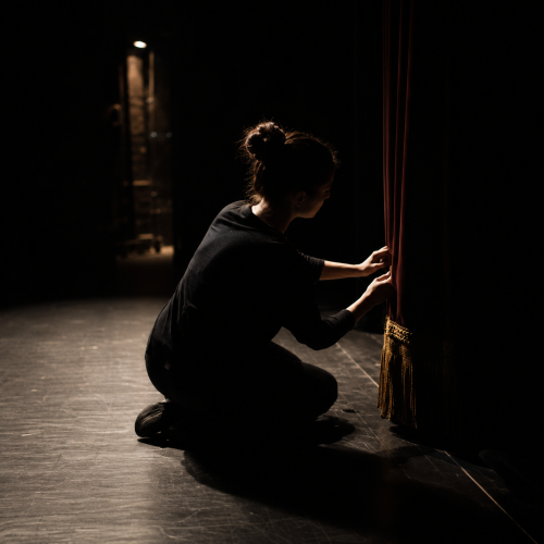 Achter de schermen bij een musicalproductie – VAYE Een maker werkt geconcentreerd aan een theaterdoek op een donkere scène, verlicht door zacht theaterlicht.