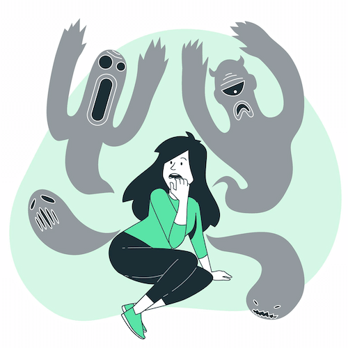 Illustratie van een angstige vrouw met schimmen om haar heen, symbool voor het loslaten van angst en stap voor stap vooruitkomen in herstel.