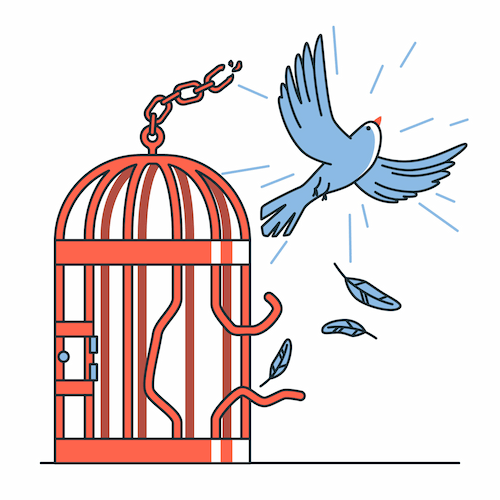 Illustratie van een vogel die uit een kooi vliegt, symbool voor bevrijding uit verslaving en persoonlijke groei binnen de herstelcommunity.