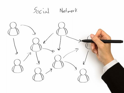 Handgetekende social media iconen die de online verbinding en ondersteuning binnen de community illustreren.