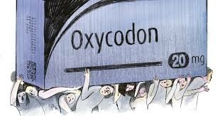 In deze afbeelding kan je zien hoe mensen een pakje oxycodon omhoog houden.