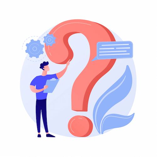 Illustratie van een man die een groot vraagteken vasthoudt, symbool voor het zoeken naar zingeving en richting in herstel na verslaving.
