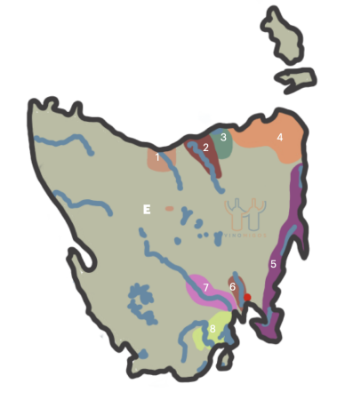 Overzichtskaart wijngebieden van Tasmanië