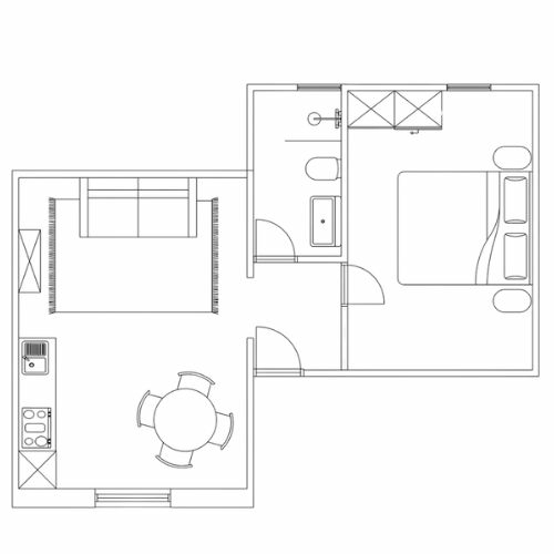 Plattegrond van Appartement Luce met slaapkamer, badkamer, woonkamer, keuken en twee terrassen