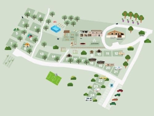 Overzichtelijke plattegrond van Agriturismo Camping Vista Fermo met safaritenten, speeltuin, sanitair, zwembad en kampeerplaatsen