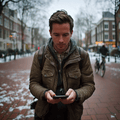 Man met rugzak kijkt naar zijn telefoon tijdens een winterse wandeling als illustratie bij de 30-Daagse Reset: Journey Challenge.