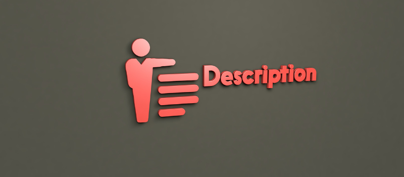 3D-illustratie van rood pictogram met het woord 'Description' op grijze achtergrond