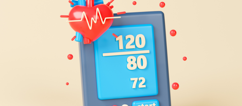 Illustratie met digitale bloeddrukmeter toont waarde 120/80