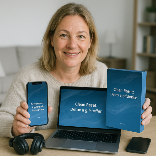 Vrouw toont Clean Reset detox programma op telefoon, laptop en doos