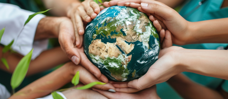 Groep handen houdt wereldbol vast als symbool voor samenwerking en gezondheid