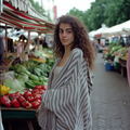 Vrouw met krullend haar op een markt met verse groenten als illustratie bij de cursus over hormonale balans.