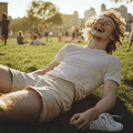 Jonge man ligt lachend in het gras in de zon, symbool voor ontspanning en innerlijke rust.