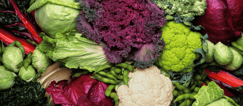 Een kleurrijke mix van kruisbloemgroenten, zoals groene broccoli, paarse boerenkool, witte bloemkool en spruitjes.