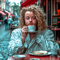 Man met krullend haar geniet van een kop koffie op een terras, als illustratie bij de cursus PowerFoods: Superfood & Specerij.
